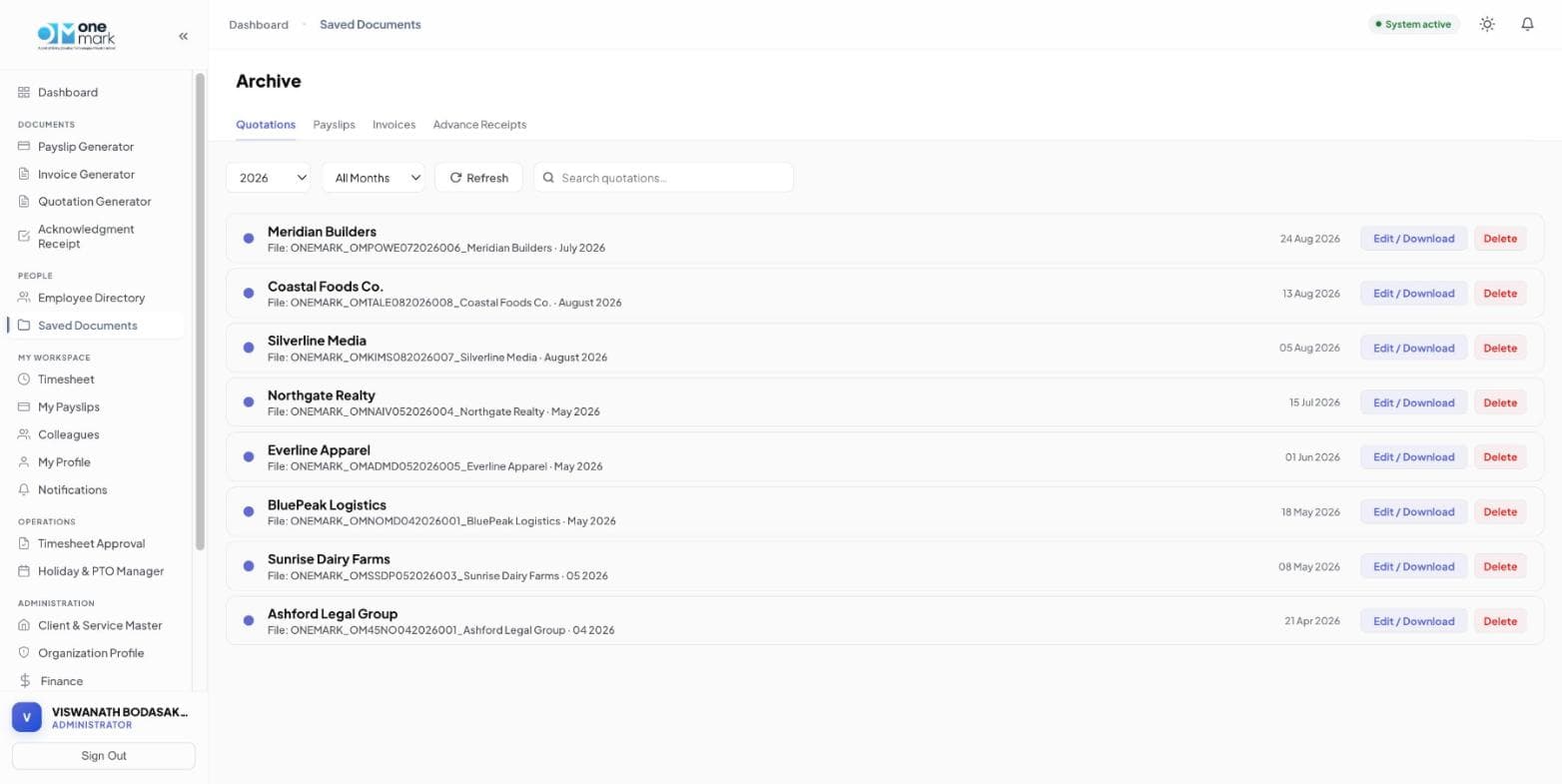 Document archive listing saved quotations, invoices, and receipts