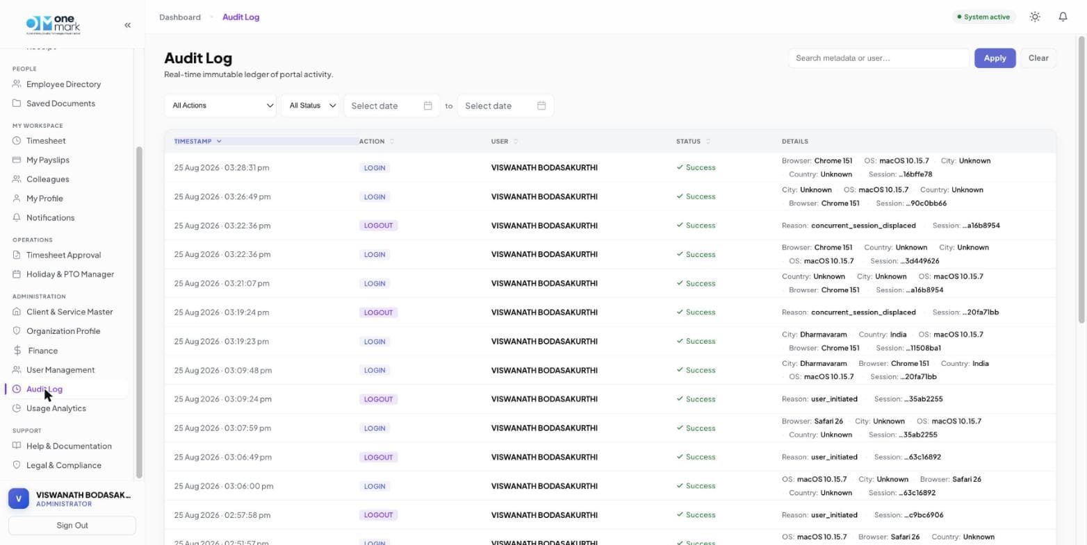 Audit log showing a real-time immutable ledger of portal activity