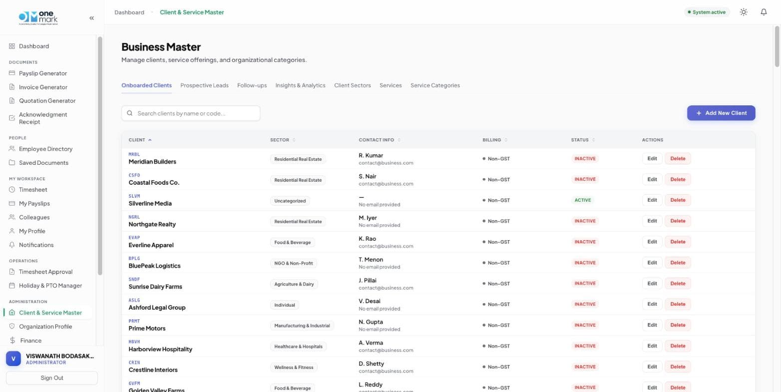 Client and service master list showing sector, contact info, and status