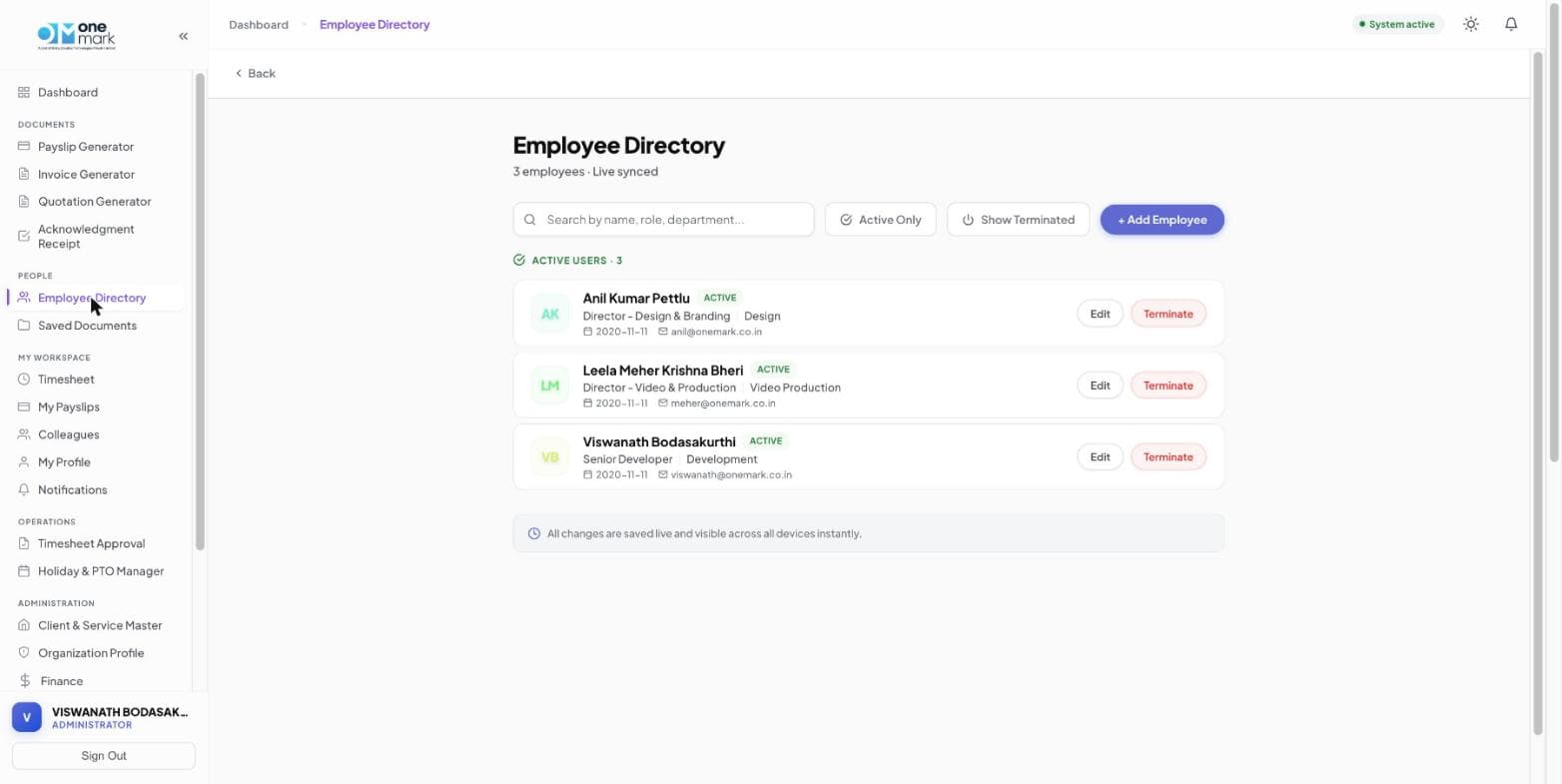 Employee directory showing active team members, roles, and departments