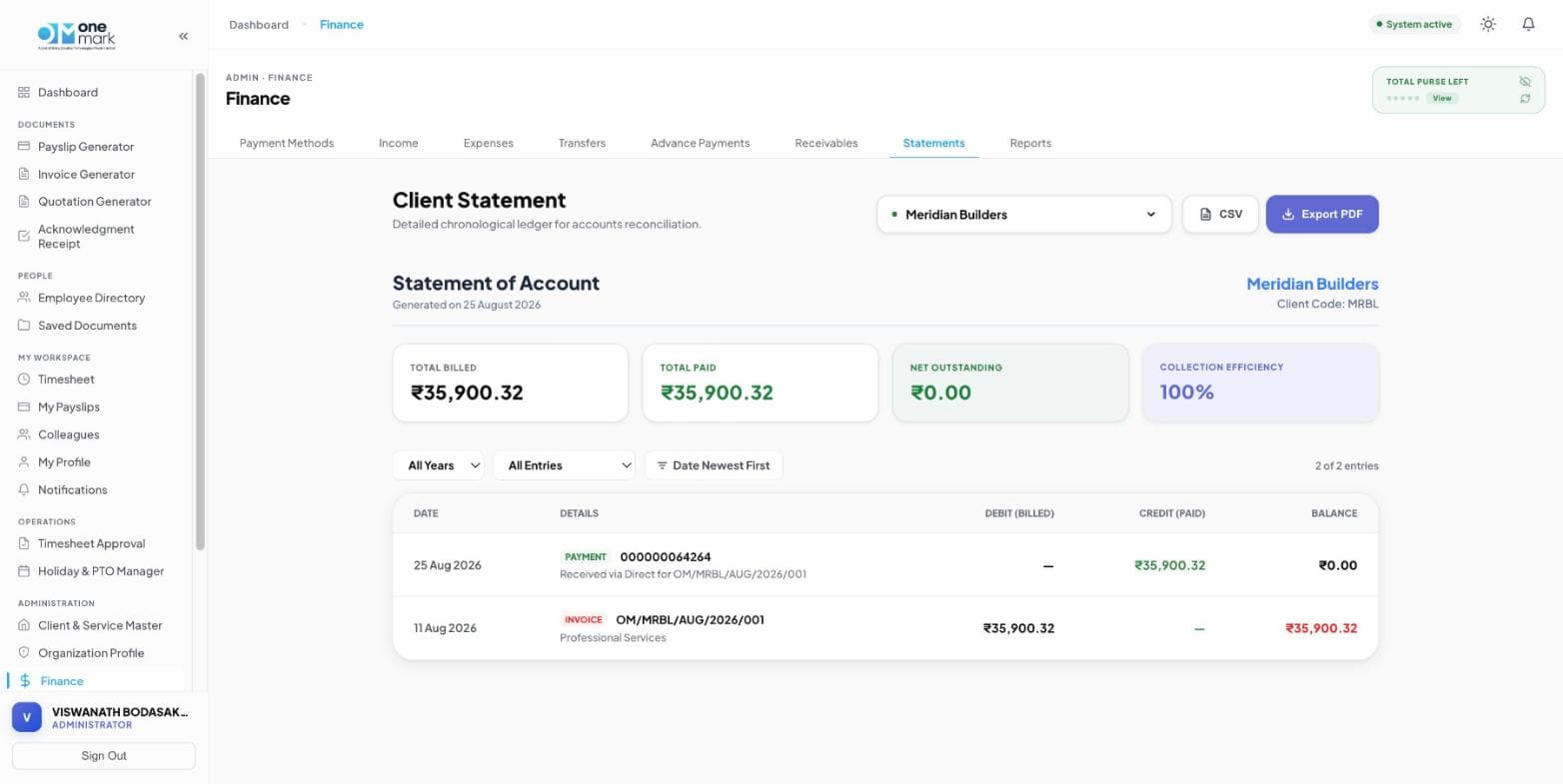 Client statement in Lekka showing billed, paid, and outstanding totals