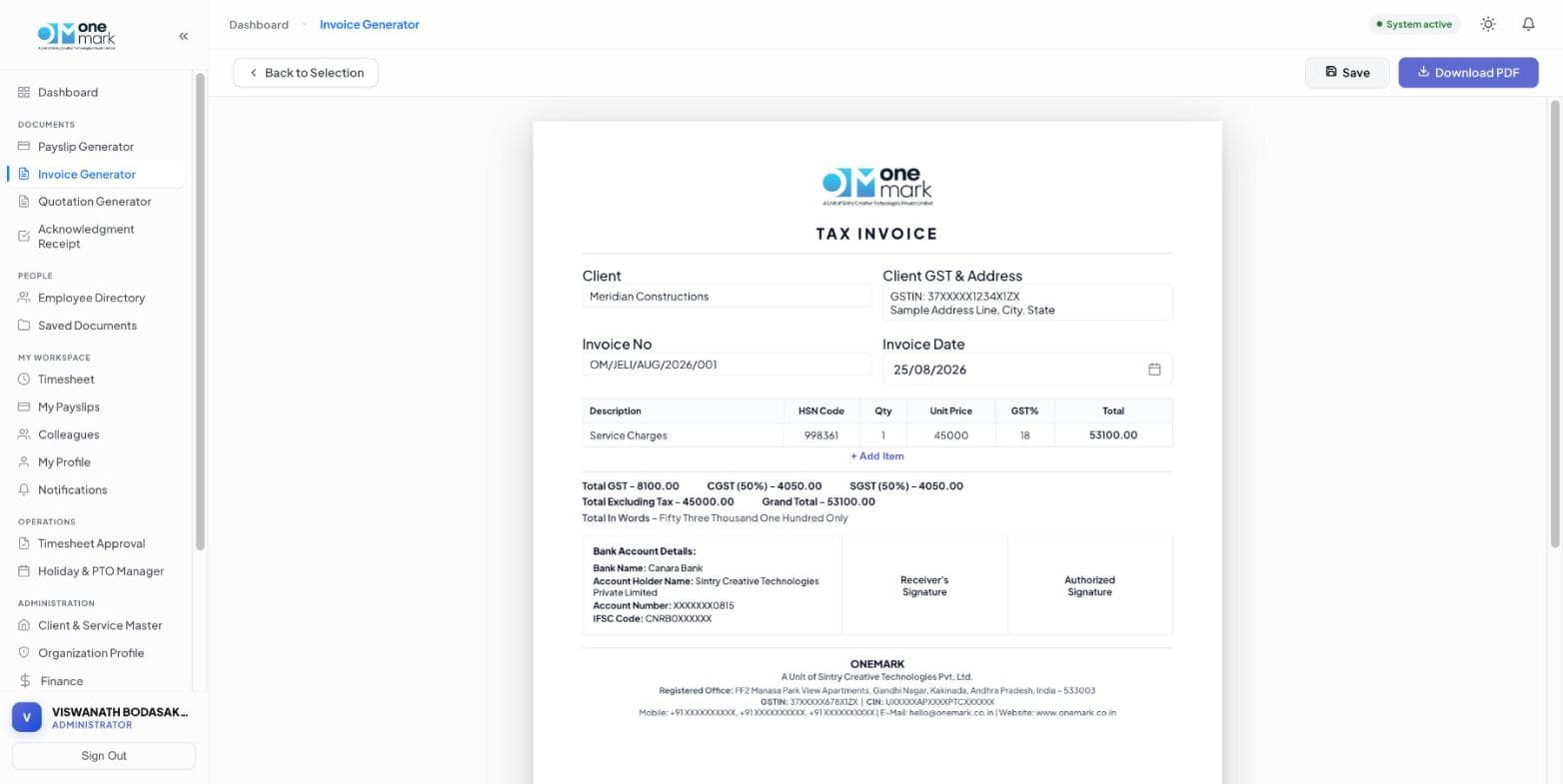 GST tax invoice generated in Lekka, with line items and bank details