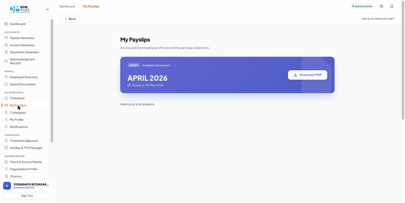 Employee self-service payslip download screen