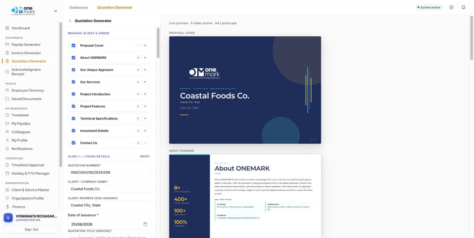 Nine-slide branded quotation deck with live preview in the quotation editor